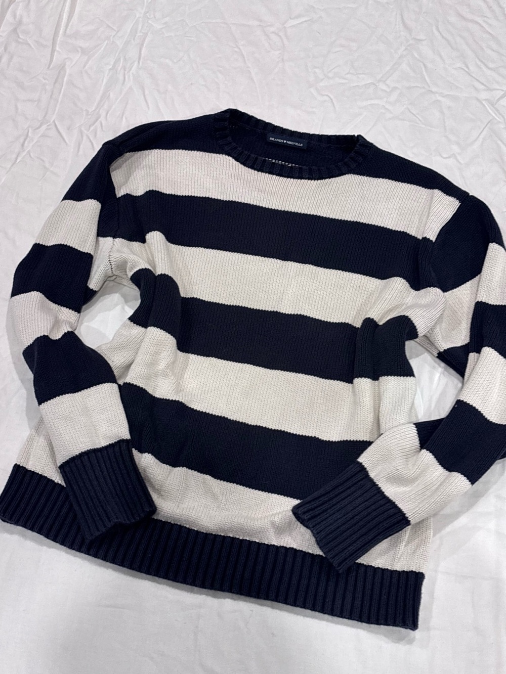 Brandy Melville 100% Cotton Navy and White Striped Crewneck Sweater